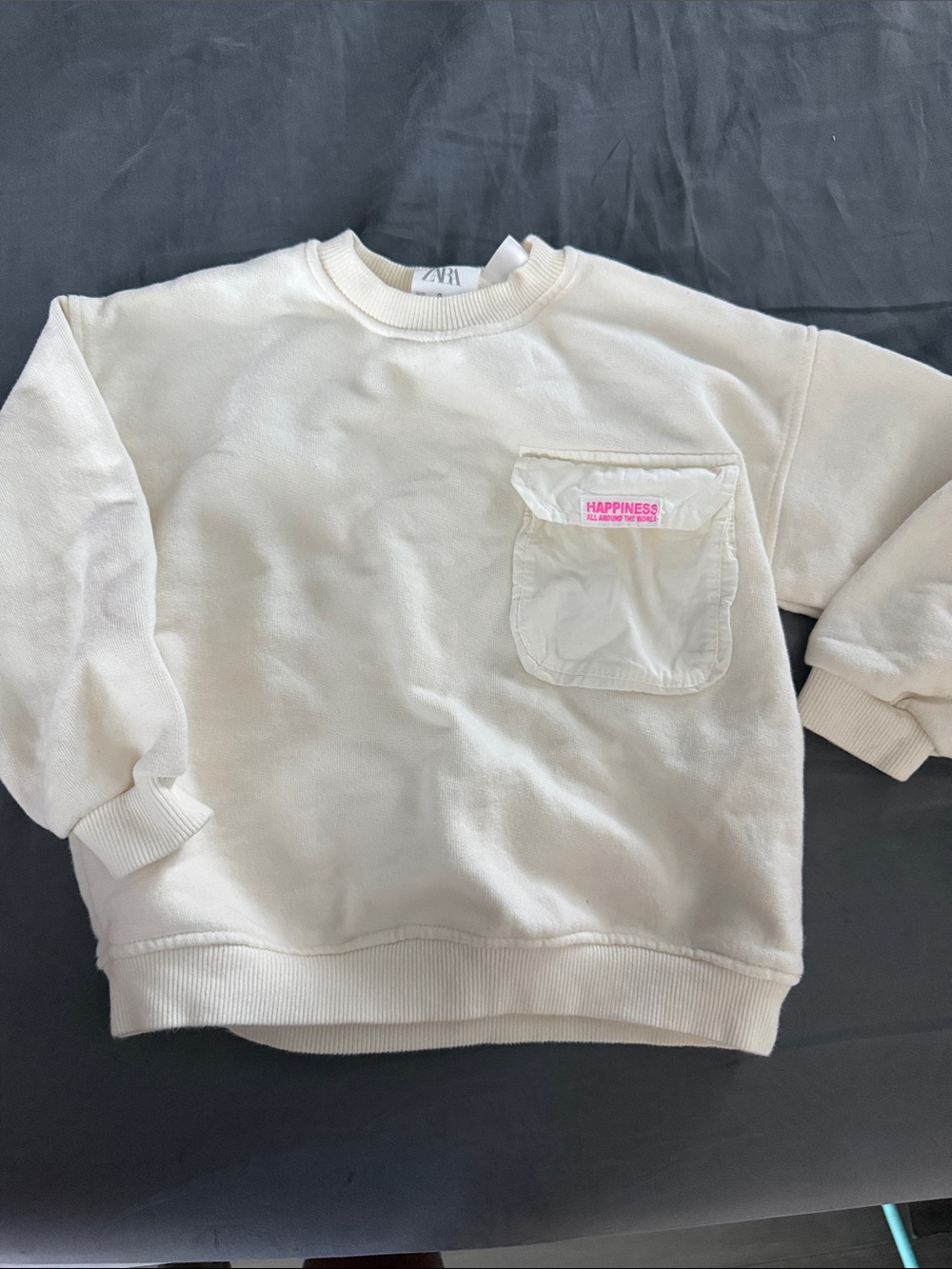 Zara kids Cream Crewneck Sweater with Chest Pocket and Pink Accent